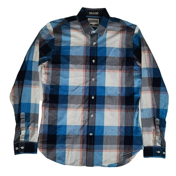 EXPRESS Men's Blue/Multicolor Fitted Plaid Long Sleeve Shirt Size Medium - Picture 2 of 12